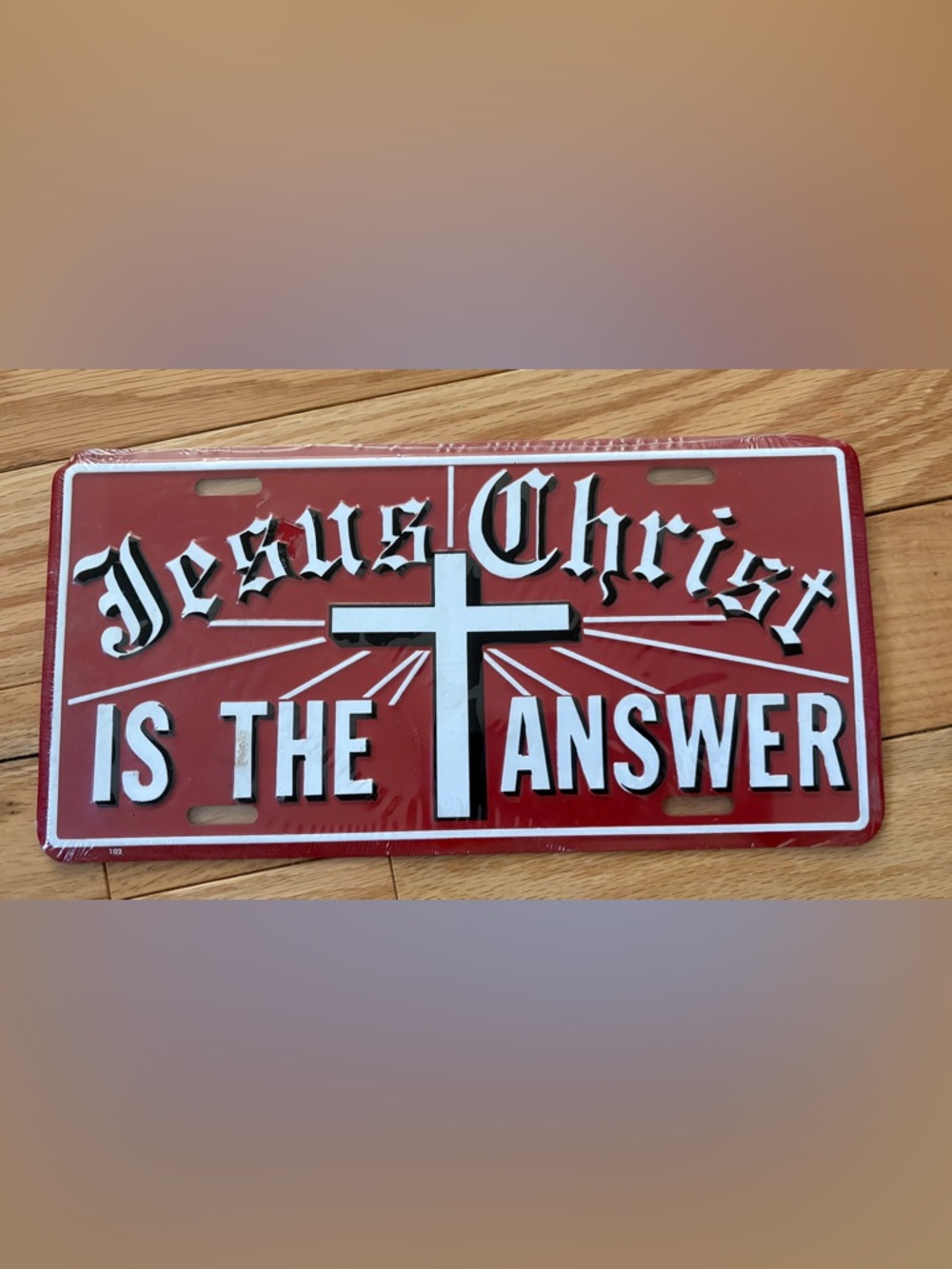 NWT Religious Cross License Plate in Red and White
